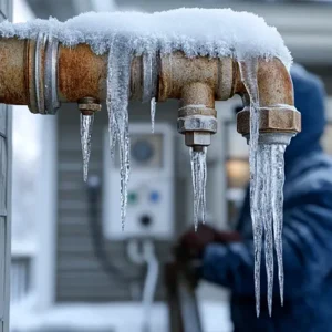 Close-up of frozen pipes in a Nashville home, covered in ice and frost with icicles hanging from the metal fittings. A homeowner in winter clothing is seen in the background inspecting the situation.